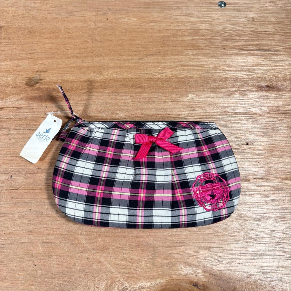 Aerie Plaid Makeup Bag Pink Black White Bow Cosmetic Pouch NWT 9124-00154-0007